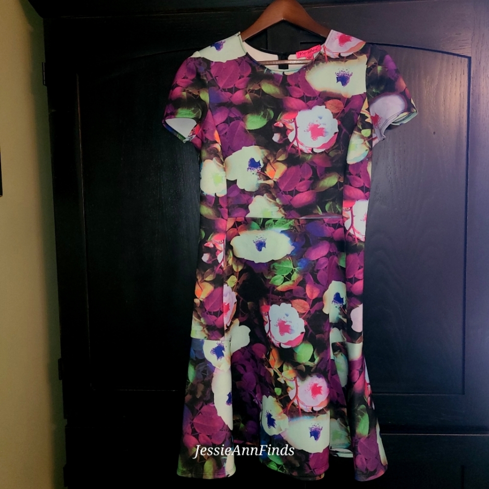 Betsey Johnson Colorful Pink Purple Floral Fit and Flare Dress Size 12